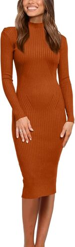 OWIN Women's 2024 Fall Ribbed Long Sleeve Sweater Dress Turtleneck Bodycon Knitted Midi Dress in Kuwait