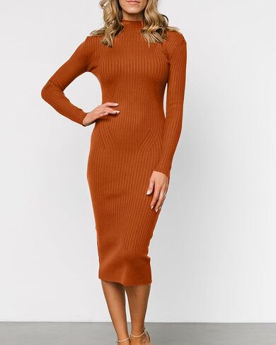 OWIN Women's 2024 Fall Ribbed Long Sleeve Sweater Dress Turtleneck Bodycon Knitted Midi Dress in Kuwait