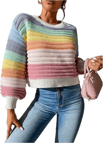 GORGLITTER Women's Colorful Striped Cropped Sweater Oversized Lantern Long Sleeve Crewneck Knit Pullover Top in Saudi Arabia