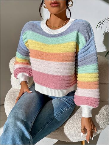 GORGLITTER Women's Colorful Striped Cropped Sweater Oversized Lantern Long Sleeve Crewneck Knit Pullover Top in Saudi Arabia