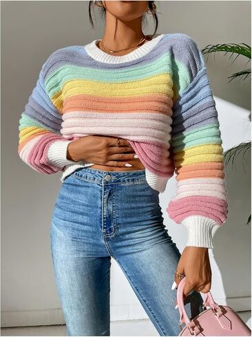 GORGLITTER Women's Colorful Striped Cropped Sweater Oversized Lantern Long Sleeve Crewneck Knit Pullover Top in Saudi Arabia