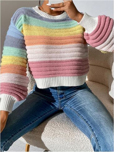 GORGLITTER Women's Colorful Striped Cropped Sweater Oversized Lantern Long Sleeve Crewneck Knit Pullover Top in Saudi Arabia