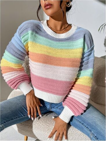 GORGLITTER Women's Colorful Striped Cropped Sweater Oversized Lantern Long Sleeve Crewneck Knit Pullover Top in Saudi Arabia