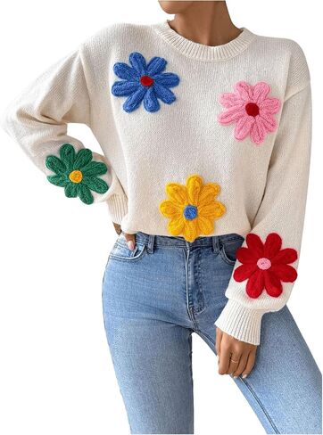GORGLITTER Women's Floral Sweater Long Sleeve Drop Shoulder Crew Neck Casual Pullover Sweater in Saudi Arabia