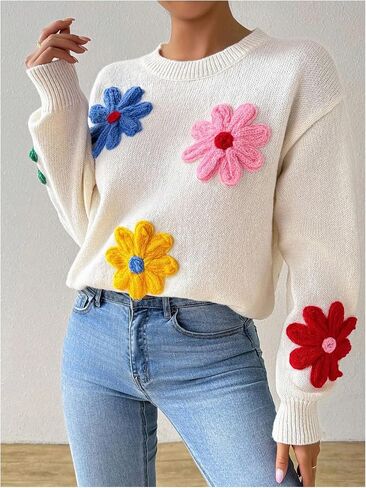 GORGLITTER Women's Floral Sweater Long Sleeve Drop Shoulder Crew Neck Casual Pullover Sweater in Saudi Arabia