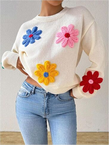 GORGLITTER Women's Floral Sweater Long Sleeve Drop Shoulder Crew Neck Casual Pullover Sweater in Saudi Arabia