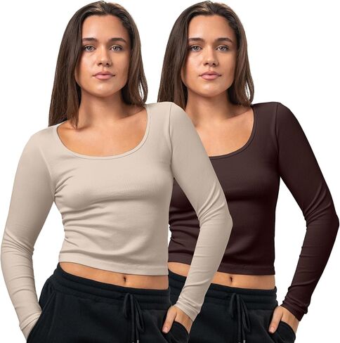 2 Pack Stretch Long Sleeve Workout Tops for Women, Ribbed Scoop Neck Yoga Shirts (Available in Plus) in Saudi Arabia