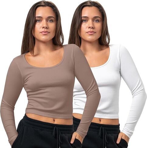 2 Pack Stretch Long Sleeve Workout Tops for Women, Ribbed Scoop Neck Yoga Shirts (Available in Plus) in Saudi Arabia