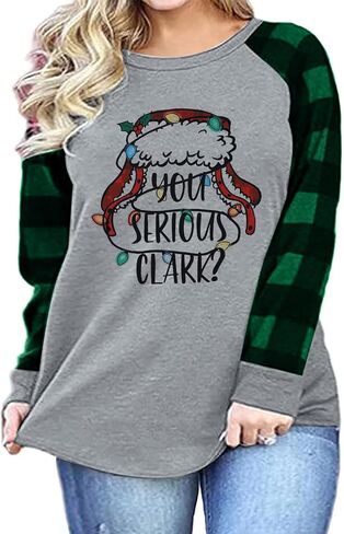 Plus Size Women Christmas Shirts You Serious Clark Shirt Christmas Buffalo Plaid Shirts Long Sleeve Baseball Tee in Kuwait