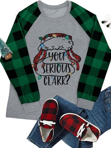 Plus Size Women Christmas Shirts You Serious Clark Shirt Christmas Buffalo Plaid Shirts Long Sleeve Baseball Tee in Kuwait
