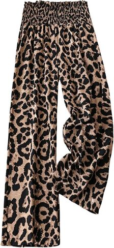 MakeMeChic Women's Plus Size Leopard Print Shirred Elastic Waist Wide Leg Pants Trousers in Saudi Arabia
