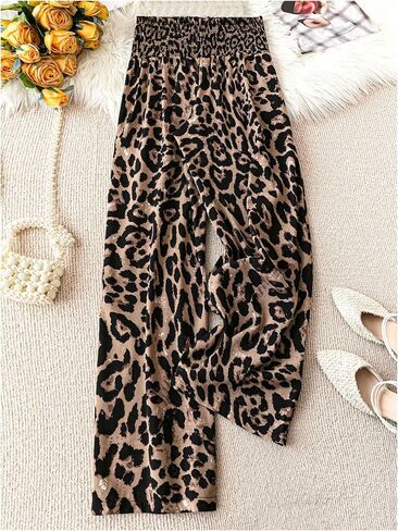 MakeMeChic Women's Plus Size Leopard Print Shirred Elastic Waist Wide Leg Pants Trousers in Saudi Arabia