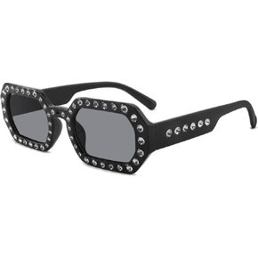 Aria Vintage Rhinestone Sunglasses Polygon Classic Vintage Sunglass For Women 70s Outdoor Fashion Wear Womens Gift UV Protection Black/Black
