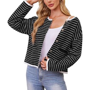 Women's Cardigan Sweaters Striped Sweater Jacket with Pockets Button Down 2024 Fall Knit Casual Coat Cropped Outwear