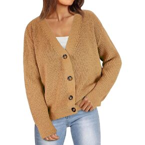 Women's Long Sleeve Knit Sweater Open Front Cardigan Button Loose Outerwear