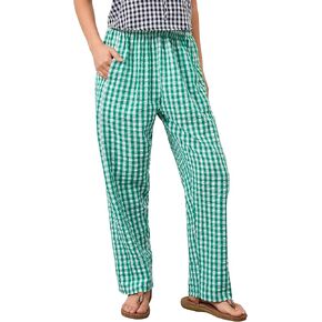 OLAPTA Women Plaid Print Gingham Comfy Lounge Pants Wide Leg Mid Rise Elastic Waist Loose Casual Long Trousers with Pockets(Medium,Green)