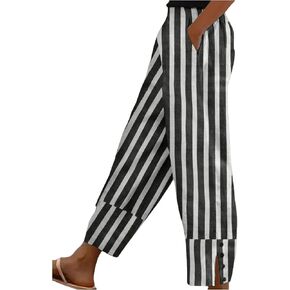 MakeMeChic Women's Striped Elastic Waist Button Pocket Loose Capris Trousers Pants