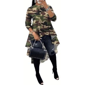 Famnbro Women's Camo Print Long Sleeve High Low Asymmetrical Ruffle Hem Camouflage Tops Blouse Shirt Dress
