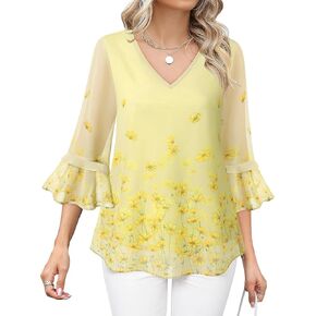 Bebonnie Womens Dressy Casual Tops Ruffle 3/4 Sleeve V Neck Floral Chiffon Blouses