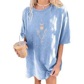 Remidoo Women's Casual Oversized T Shirt Short Sleeve Graphic Tee Letter Sun Moon Shirts