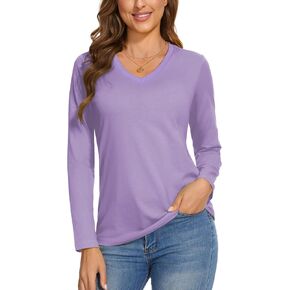 SMENG Womens Long Sleeve Shirts Cotton V Neck T Shirt Basic Tops Casual Soft Tees