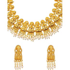 BodhaTraditional Indian Antique Gold Plated Kundan, CZ Studded Temple Jewellery Bridal Dulhan Necklace Set with Matching Earring & Pearls For Women (SJN_204)