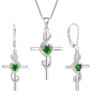 STARCHENIE Note Cross Necklace Earrings 925 Sterling Silver Crucifix Music Jewelry Set Gift for Women Created Emerald