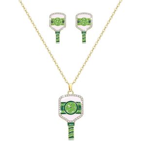 Pickleball Paddle Earrings Necklace for Women Rhinestone Enamel Pickleball Charm Pendent Necklace Pickle Ball Jewelry Gift for Pickleball Players