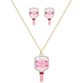 Pickleball Paddle Earrings Necklace for Women Rhinestone Enamel Pickleball Charm Pendent Necklace Pickle Ball Jewelry Gift for Pickleball Players