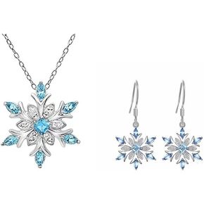 Sparkling Blue Crystal Snowflake Pendant Necklace with Earrings Set for Women Dainty Rhinestone Snowflower Necklace Charm Snowflake Dangle Earrings Christmas Gift