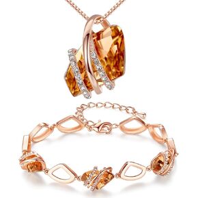 Leafael Wish Stone Necklace and Bracelet Jewelry Set for Women, November Birthstone Amber Brown Crystal Jewelry, Silver Tone Gifts for Women