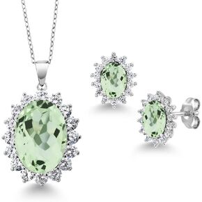 Gem Stone King 12.56 Cttw Oval Green Prasiolite 925 Sterling Silver Pendant Earrings Set For Women | Oval 18X13MM and 7X5MM | Gemstone Birthstone | With 18 Inch Chain