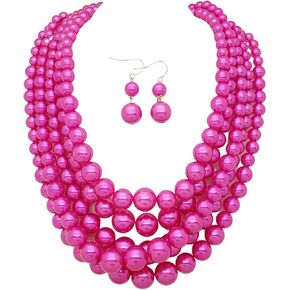 Women's Faux Pearl Five Multi-Strand Statement Necklace and Earrings Set