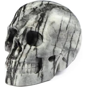 2.0" Black Picasso Jasper Crystal Skull, Hand Carved Gemstone Fine Art Sculpture, Reiki Healing Stone Statue.