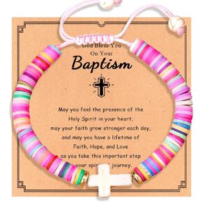 Baptism Gifts for Girls Cross Bracelet, Baptism Decorations Catholic Christening Gifts for Women Girls Baptism Card Christian Faith Bracelets for Daughter Granddaughter Niece Sister