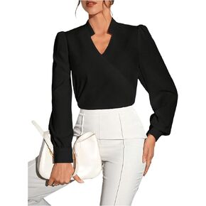 SweatyRocks Women's Wrap Front Blouse Notch V Neck Puff Long Sleeve Shirt Top