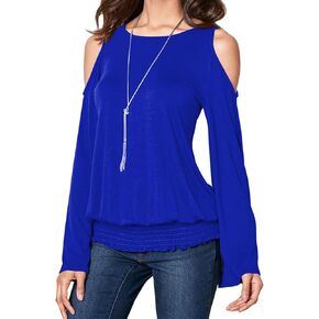 Womens Cold Shoulder Bell Long Sleeve Tops Sexy Dressy Casual Scoop Neck Banded Bottom Shirts Blouse