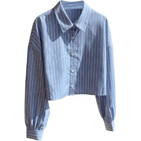 GORGLITTER Women's Striped Button Down Shirt Collar Long Sleeve Work Office Crop Blouses