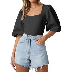 Women's Square Neck Puff Short Sleeve Tops Summer Dressy Casual Blouse T Shirts