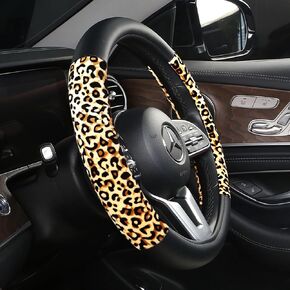 Leather Cheetah Steering Wheel Covers for Car Soft Luxuriou Faux Fur Universal Fit for 15 inch Leopard Car Accessories for Men Women (Black White)
