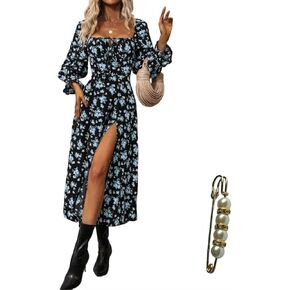 Women’s Floral Square Neck Maxi Dress Bubble Long Sleeve Side Slit Flowy Boho Dresses