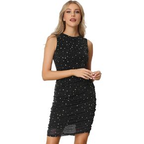 Allegra K Sleeveless Glitter Dress for Women's Crewneck Ruched Bodycon Star Mesh Dresses