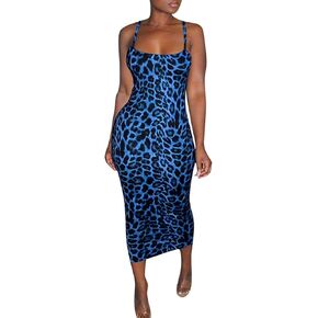 Women's Sexy Spaghetti Strap Sleevless Leopard Print Bodycon Midi Club Cocktail Dress