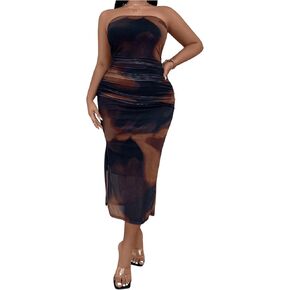 SOLY HUX Women's Plus Size Tie Dye Ruched Bodycon Midi Dress Elegant Strapless Split Bandeau Tube Dresses