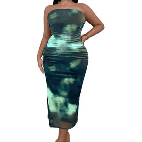 SOLY HUX Women's Plus Size Tie Dye Ruched Bodycon Midi Dress Elegant Strapless Split Bandeau Tube Dresses