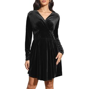 Jayscreate Women's 2024 V Neck Velvet Dress Pocket Long Sleeve Fall Winter Wrap Tunic Short Party Wedding Guest Dress