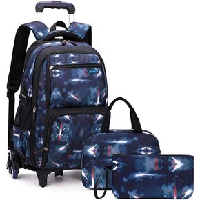 3Pcs Black Galaxy Boys Rolling Backpack Set with Insulated Lunch Bag, Multi-Pocket Trolley Elementary Bookbags School Bags on 6 Wheels