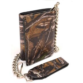 Milwaukee Leather MLW7804 Men's 4" Camouflage Tri-Fold Leather Biker Wallet w/Anti-Theft Stainless Steel Chain - 4 Inch