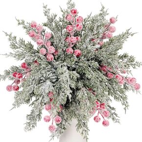 20 Pcs Artificial Snowy Pine Branches with Berry Stems, 10.5" Faux Evergreen Pine Picks Fake Greenery Foliage Sprigs Cypress Leaves Stems for Xmas Wreath DIY Vase Filler Home Decor (30, White berry)
