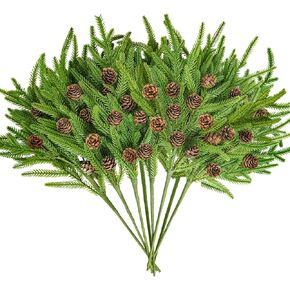 8PCS Christmas Norfolk Pine Stems, Real Touch 18 Inches Artificial Norfolk Pine Branches with Pinecones Faux Plastic DIY Greenery Pine Picks for Xmas Home Garland Indoor Outdoor Décor